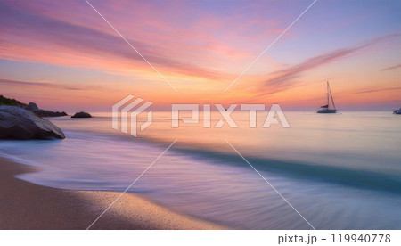 A serene seascape at sunset, with a sailboat silhouetted against a vibrant sky and gentle waves lapping at the shore 119940778