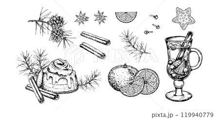 Hand drawn vector illustration of Christmas, winter holiday elements, featuring a glass of mulled wine, cinnamon roll, spices, pine branches, orange slices, star shaped gingerbread for festive design Hand drawn vector illustration of Christmas, winter holiday elements, featuring a glass of mulled wine, cinnamon roll, spices, pine branches, orange slices, star shaped gingerbread for festive design 119940779