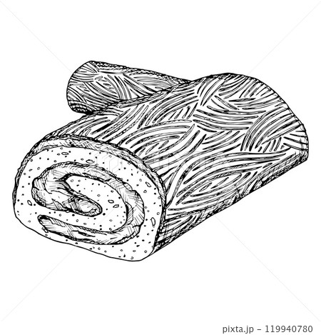 A festive yule log cake, buche de Noel, Christmas holiday meal featuring, rolled pastrie. A detailed black and white hand drawn ink vector illustration. 119940780