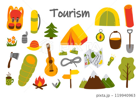 Adventure camping essentials for outdoor tourism gear, nature, and icons 119940963
