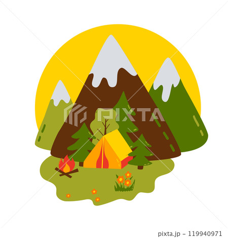 Colorful camping scene with tent, campfire, and mountains in the background Colorful camping scene with tent, campfire, and mountains in the background 119940971