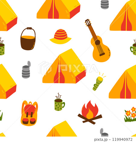 Seamless camping pattern with tents, campfire, guitar, and nature elements 119940972
