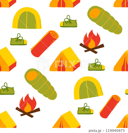 Seamless camping adventure pattern featuring tents, sleeping bags, campfires, and hiking boots 119940973