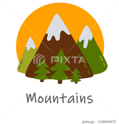 Colorful mountain landscape with pine trees and sun illustration 119940975
