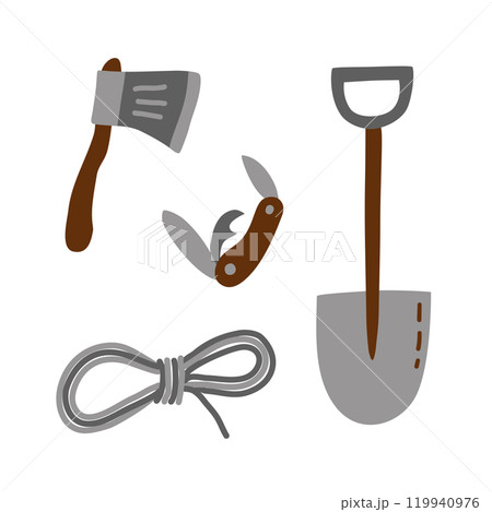 Essential camping tools axe, folding knife, shovel, and rope for outdoor adventures 119940976