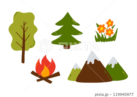 Nature elements trees, campfire, flowers, and mountains for outdoor adventure designs 119940977