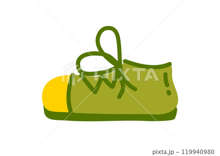 Cartoon green shoe with yellow toe and untied laces on white background 119940980