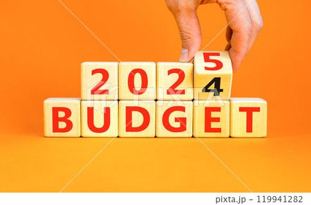 Planning 2025 budget new year symbol. Concept words 2024 Budget to 2025 Budget on beautiful wooden blocks. Beautiful orange table orange background. Business 2025 Budget new year concept. Copy space. 119941282