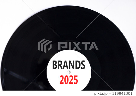 Planning brands 2025 new year symbol. Concept words Brands 2025 on beautiful white and black vinyl disk. Beautiful white background. Business brands 2025 new year concept. Copy space. Planning brands 2025 new year symbol. Concept words Brands 2025 on beautiful white and black vinyl disk. Beautiful white background. Business brands 2025 new year concept. Copy space. 119941301