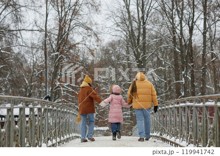 Back view of young family with child walking on bridge together and holding hands enjoying day in winter park copy space Back view of young family with child walking on bridge together and holding hands enjoying day in winter park copy space 119941742