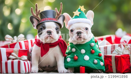 Festive Dogs in Christmas Costumes  Snowman and Christmas Tree Outfits with Gifts in Forest Setting 119941898
