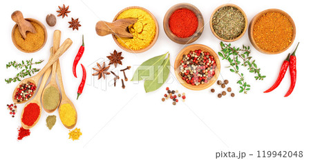 mix of spices in wooden spoon isolated on a white background with copy space for your text. Top view. Flat lay. Set or collection 119942048