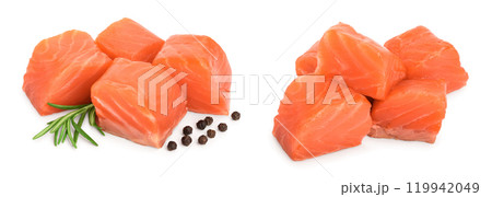 raw salmon piece cube with rosemary and peppercorn isolated on white background close up raw salmon piece cube with rosemary and peppercorn isolated on white background close up 119942049