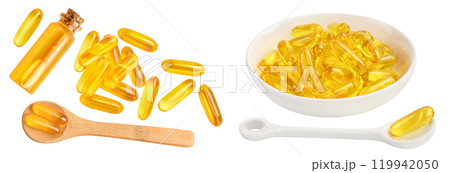 Fish oil capsules isolated on white background with full depth of field. Top view. Flat lay 119942050