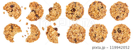 Granola cookie isolated on white background with full depth of field. Top view. Flat lay. Granola cookie isolated on white background with full depth of field. Top view. Flat lay. 119942052