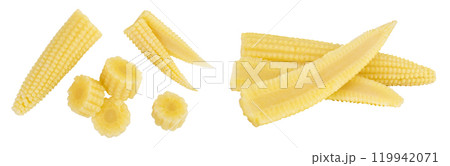Pickled young baby corn cobs isolated on white background. Top view. Flat lay Pickled young baby corn cobs isolated on white background. Top view. Flat lay 119942071