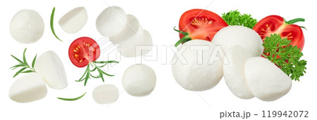 Mini mozzarella balls with rosemary and tomato isolated on white background. Top view. Flat lay. 119942072