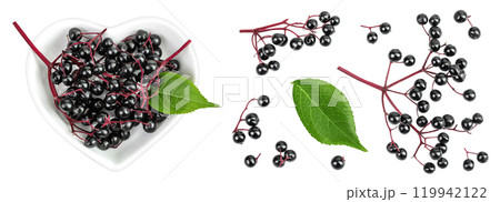 Ripe black elderberry or elder with green leaves in ceramic bowl isolated on a white background. Sambucus Ripe black elderberry or elder with green leaves in ceramic bowl isolated on a white background. Sambucus 119942122