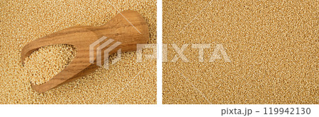 Amaranth grain seeds in wooden scoop as a background. Top view. Flat lay Amaranth grain seeds in wooden scoop as a background. Top view. Flat lay 119942130