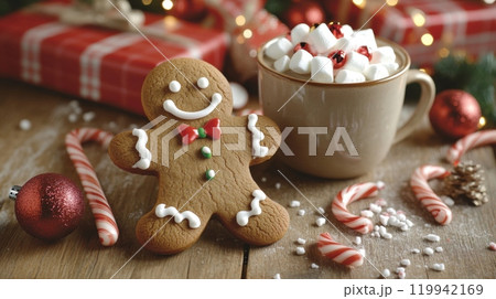 Festive Holiday Scene with Gingerbread Man Cookie, Hot Chocolate, and Candy Canes on a Rustic Wooden Table with Christmas Lights and Gifts in Background 119942169