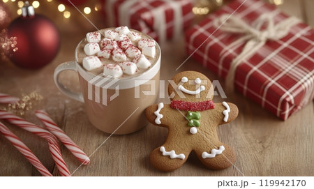 Festive Holiday Scene with Gingerbread Man Cookie, Hot Chocolate, and Candy Canes on a Rustic Wooden Table with Christmas Lights and Gifts in Background 119942170