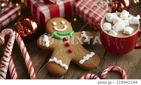 Festive Holiday Scene with Gingerbread Man Cookie, Hot Chocolate, and Candy Canes on a Rustic Wooden Table with Christmas Lights and Gifts in Background 119942184