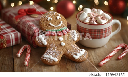 Festive Holiday Scene with Gingerbread Man Cookie, Hot Chocolate, and Candy Canes on a Rustic Wooden Table with Christmas Lights and Gifts in Background 119942185