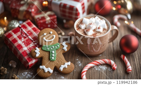 Festive Holiday Scene with Gingerbread Man Cookie, Hot Chocolate, and Candy Canes on a Rustic Wooden Table with Christmas Lights and Gifts in Background 119942186
