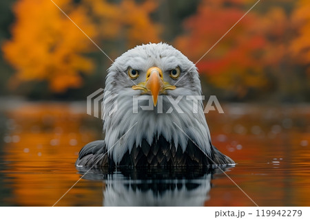 Majestic Bald Eagle in Autumn Reflection Over Serene Lake Generative AI 119942279