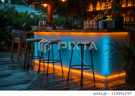 Cozy Outdoor Bar at Sunset with Ambient Lighting for Relaxation and Social Gatherings Generative AI Cozy Outdoor Bar at Sunset with Ambient Lighting for Relaxation and Social Gatherings Generative AI 119942297