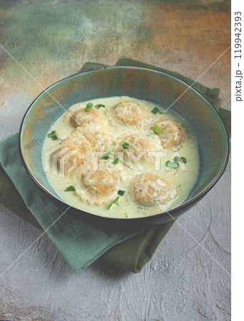 ravioli in cream sauce, spices and herbs, top view, no people, ravioli in cream sauce, spices and herbs, top view, no people, 119942393