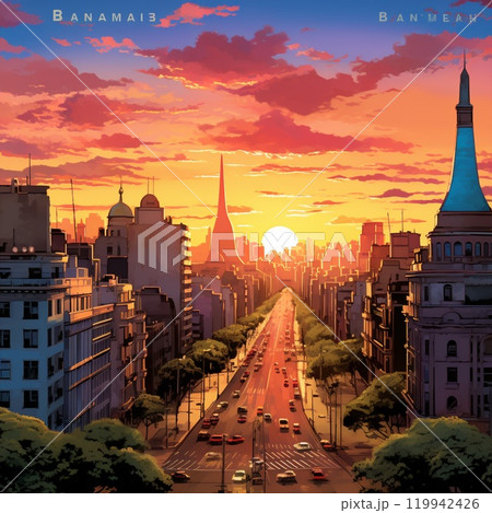 Breathtaking Sunset Over Buenos Aires with Iconic Landmarks 119942426