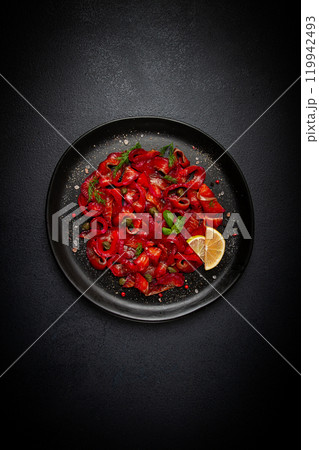 Salmon gravlax with beetroot, Scandinavian snack, beet gravlax, lightly salted fish, homemade, no people, 119942493