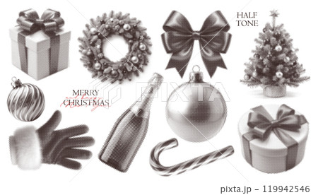 Trendy halftone zine photocopy effect elements set. Christmas and New year grunge punk grain dotted collage art. Santa hand, decorated tree, wreath, champagne. Modern retro vector illustration Trendy halftone zine photocopy effect elements set. Christmas and New year grunge punk grain dotted collage art. Santa hand, decorated tree, wreath, champagne. Modern retro vector illustration 119942546