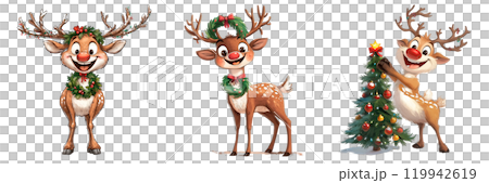 Christmas reindeers with wreaths and Christmas tree on a transparent background. Holiday decorations, Christmas illustrations, reindeer with wreath, festive reindeer characters. Christmas reindeers with wreaths and Christmas tree on a transparent background. Holiday decorations, Christmas illustrations, reindeer with wreath, festive reindeer characters. 119942619
