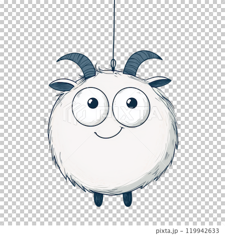 Christmas tree ornament in the shape of a cute animal isolated on a transparent background. Watercolor illustration of a round-shaped goat with big eyes hanging on a string. Christmas decorations. 119942633