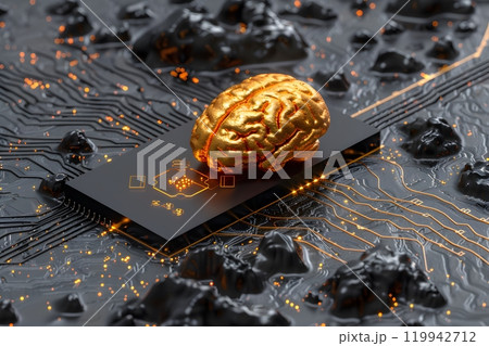 Futuristic AI Technology Concept with Golden Brain on Circuit Board for Innovation Design Generative AI 119942712