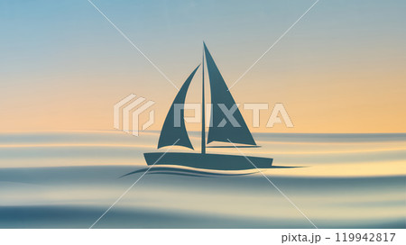 A minimalist logo of a sailboat with a single sail on calm sea waters. Yachting sport emblem. 119942817