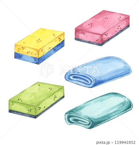 Sponges with scouring pads, washcloth or rags, cotton cloth or towels. Household cleaning utensil watercolor illustration. Clipart for housekeeping, laundry services, sticker, flyer, and posters 119942852