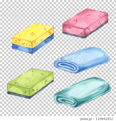 Sponges with scouring pads, washcloth or rags, cotton cloth or towels. Household cleaning utensil watercolor illustration. Clipart for housekeeping, laundry services, sticker, flyer, and posters 119942852