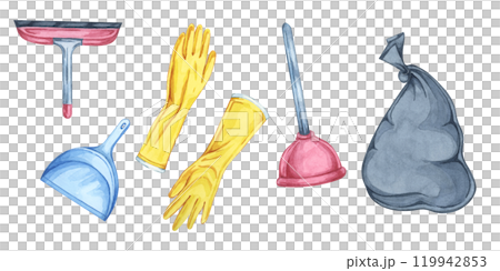 Set of cleaning tools and trash bag. Yellow rubber gloves, dustpan, plunger and window squeegee. Cartoon style watercolor illustration. Cliparts for housekeeping, janitorial services, spring cleaning 119942853