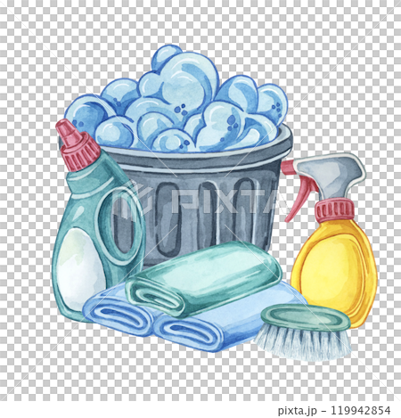 Laundry washing bin with detergent, fabric softener, stain remover and folded linen. Clothes cleaning watercolor illustration. Clipart for laundromats, maid service, housekeeping supplies packaging 119942854
