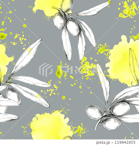 Olives and branches in pencil with bright yellow watercolor accents on grey background. Seamless pattern. Ideal for textile design, wallpaper, or packaging, offering a lively and natural element Olives and branches in pencil with bright yellow watercolor accents on grey background. Seamless pattern. Ideal for textile design, wallpaper, or packaging, offering a lively and natural element 119942855