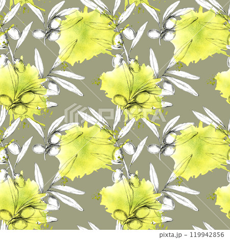 Pencil-drawn olive branches and olives create a seamless pattern with greenish watercolor hues. Ideal for textile printing, wallpaper, or packaging, this clipart adds an organic touch Pencil-drawn olive branches and olives create a seamless pattern with greenish watercolor hues. Ideal for textile printing, wallpaper, or packaging, this clipart adds an organic touch 119942856