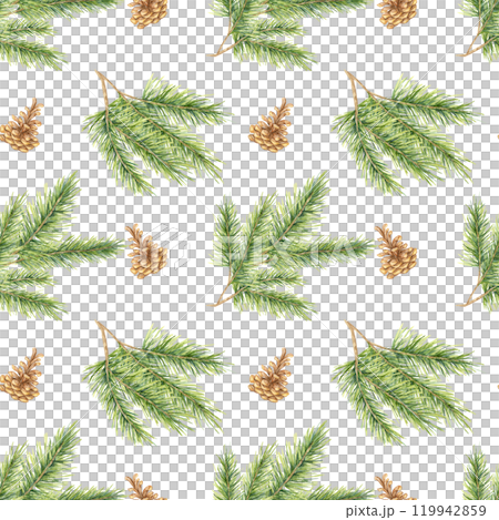 Spruce branches and pine cones with green needles arranged in a seamless watercolor pattern. Fir clipart Great for festive textiles, gift wrapping, home decor, and holiday-themed product packaging 119942859