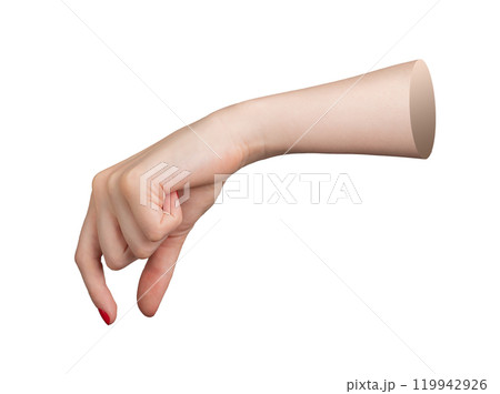 Female hand with red polished nails, elegantly holding an invisible object between the index finger 119942926