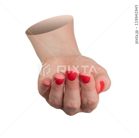 Female hand in front view. Loosely closed, curled fingers with red polish, gently cupped as if Female hand in front view. Loosely closed, curled fingers with red polish, gently cupped as if 119942945