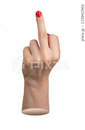 Female hand with red polished nail showing an offensive gesture with the middle finger extended Female hand with red polished nail showing an offensive gesture with the middle finger extended 119942968
