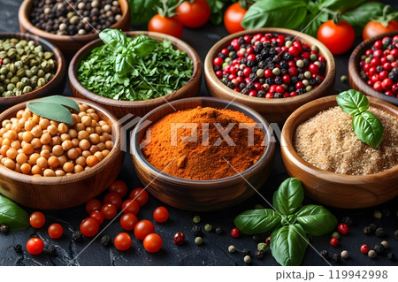 Culinary Assortment of Spices and Herbs with Fresh Tomatoes and Basil Leaves Generative AI 119942998