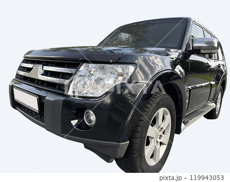 Black SUV car, close-up view. Large 4 4 automobile with headlights and bumper, ideal for road and Black SUV car, close-up view. Large 4 4 automobile with headlights and bumper, ideal for road and 119943053